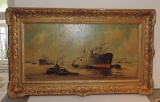 Antique Oil On Canvas Of Ships In Port By Listed Dutch Artist Hendrik Van Leeuwen