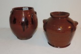 Lot Of 2 Antique Redware Small Jars With Splotch Decoration