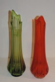 A Pair Of Mid-Century Modern Green & Orange Stretch Glass Vases