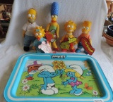 Vintage Smurf Metal Tray & 5 Pc. Meet The Simpsons Doll Set