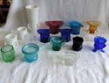 17 Pc Colored Glassware Toothpick Holder & Vase Lot
