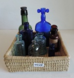 8 Colored Glass & Clear Glass Medicine Bottles In Basket