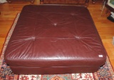 Button-Tufted Brown Leather Square Ottoman