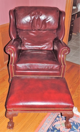 Hancock & Moore Leather Chippendale Style Wing Chair With Stool