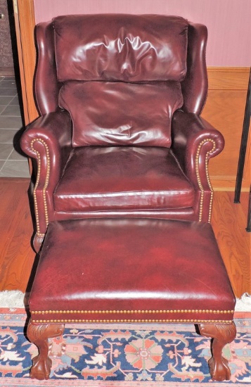 Hancock & Moore Leather Chippendale Style Wing Chair With Stool