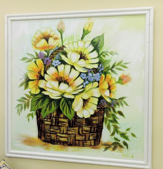 Vintage Floral Oil On Canvas In White Bamboo Frame