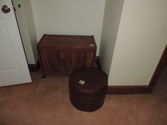 1970's Leather Footstool And Record Cabinet
