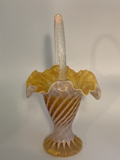 Gold and White Fenton Scalloped Edge Basket with Handle