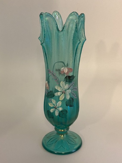 Green Fenton Vase with Hand-Painted Design ...