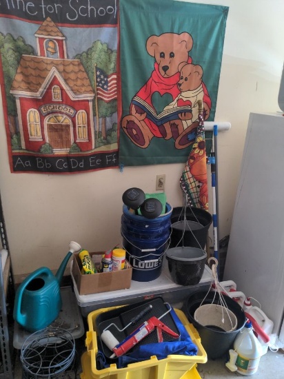 Garden Lot and Bin of Paint Supplies