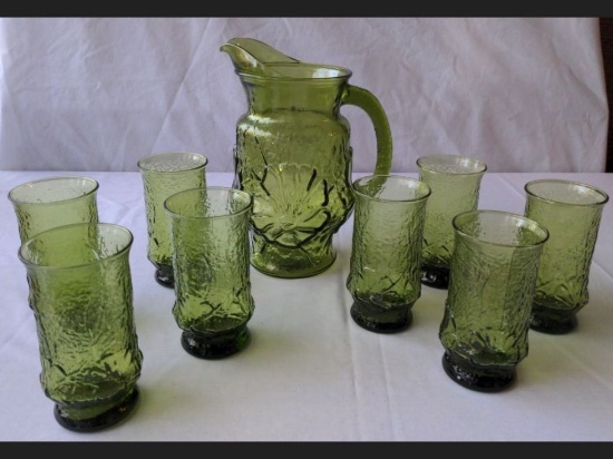 Vintage Green Glass Pitcher with 8 Glasses