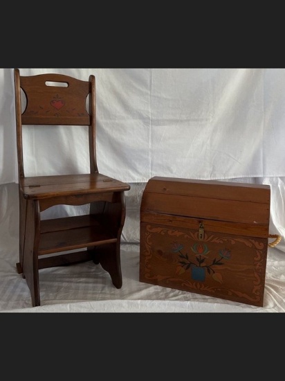 Vintage Barrel Top Wood Chest and Chair Ladder