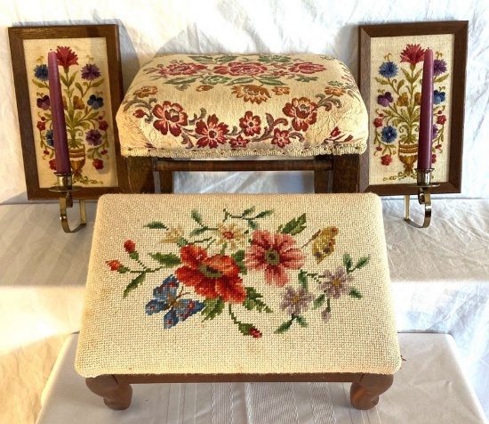 Needlework Foot Stool and Candle Sconce Lot