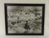 Black and White Print of Cowboy Rustling His Cows