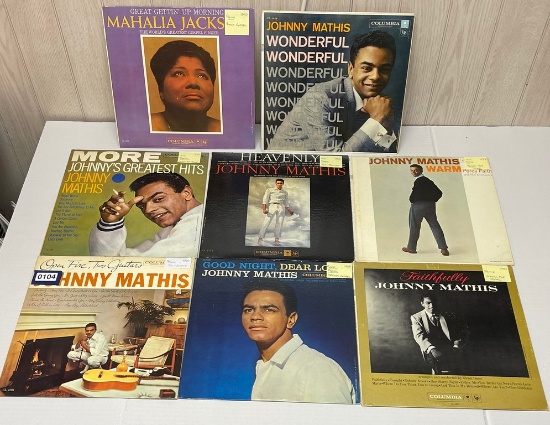 Seven Johnny Mathis UNPLAYED Radio Station PROMO LP's and One Mahalia Jackson UNPLAYED Promo Album.