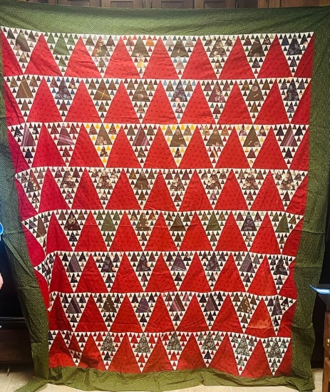 Antique Christmas Quilt Features Geometric Shapes of Trees Quilt Top
