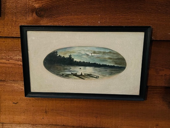 Antique Watercolor of Boaters in Canoes in the Twilight