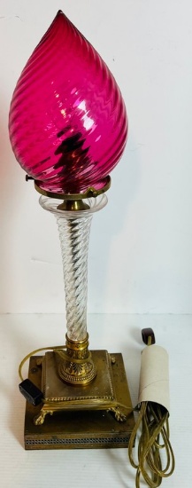 Brass, Crystal Piano Lamp with Cranberry Shade