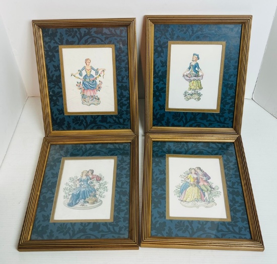 Lot of Four Vintage Colored Prints in Gold Frames