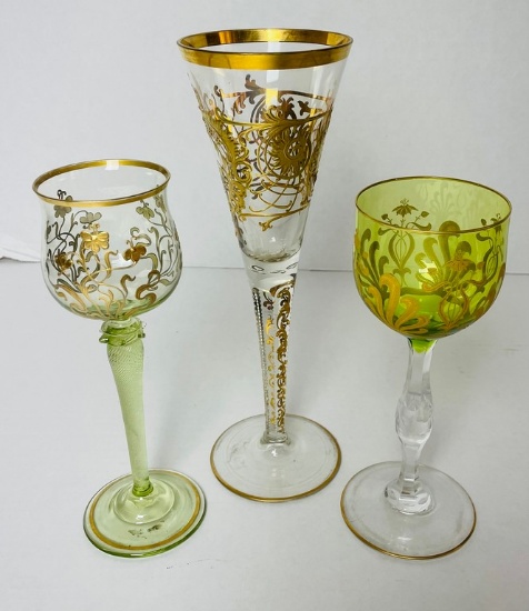 Lot of Early Moser Gold and Green Crystal Enameled Stemware