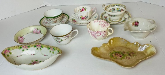 Lot of Hand-Decorated Cups and Saucers and Bowls