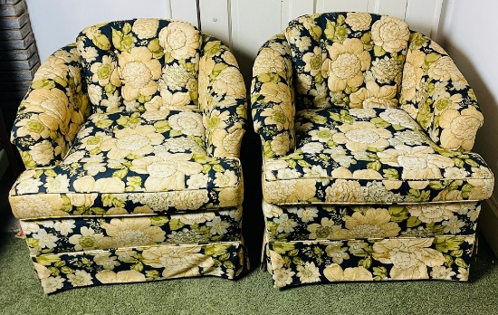 Pair of Upholstered Barrel Back Arm Chairs