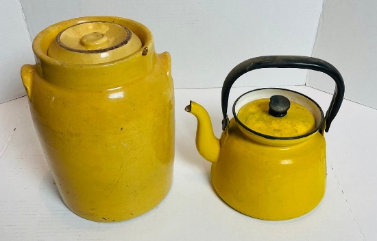 Enamel Teapot and Stoneware Crock Lot