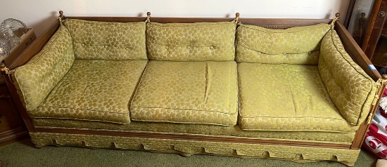 1960's Walnut Finish Upholstered Sofa with Cane Back and Sides