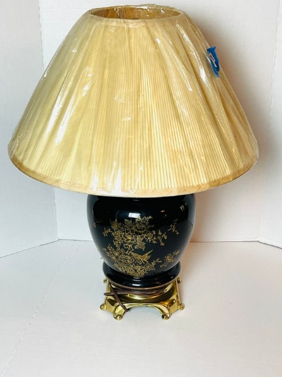 Brass and Black Glass Lamp with Gold Bird Decoration