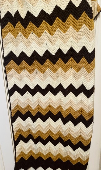 Brown and White Crocheted Afghan