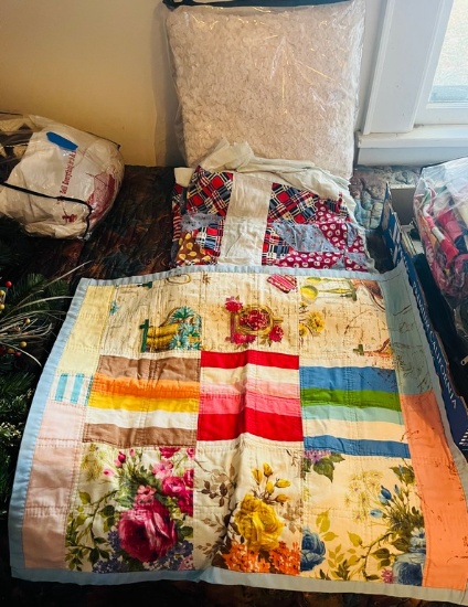 2 Vintage Quilts Top and Furry Pillow