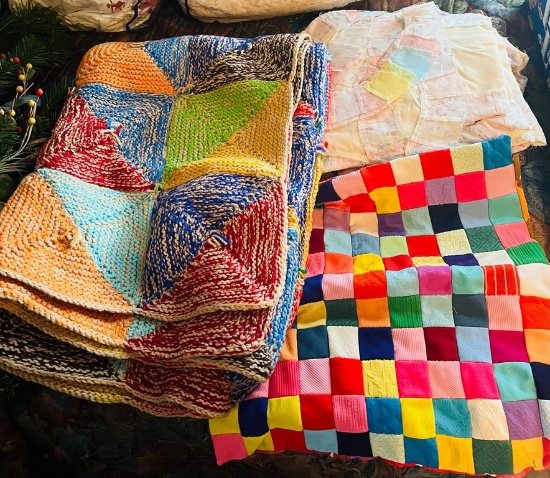 2 Vintage Quilt Tops and Hand-made Afghan
