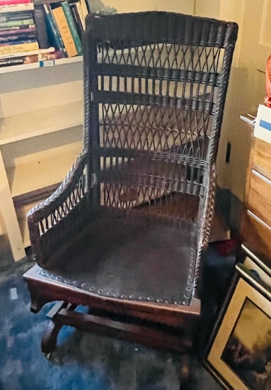 Victorian Wicker Platform Rocker with Leather Seat