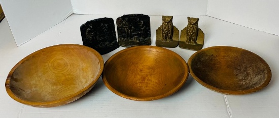 Lot of Wooden Bowls and Book Ends