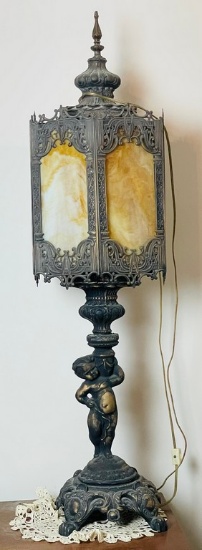 Vintage Slag Glass and Brass Lamp