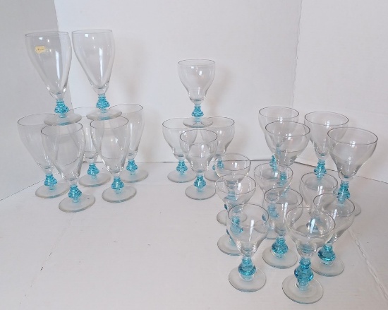 Twenty-Four Piece Blue and Crystal Stemware Set