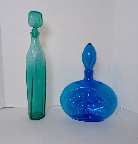 Lot of Vintage Blue Glass Bottles with Stoppers