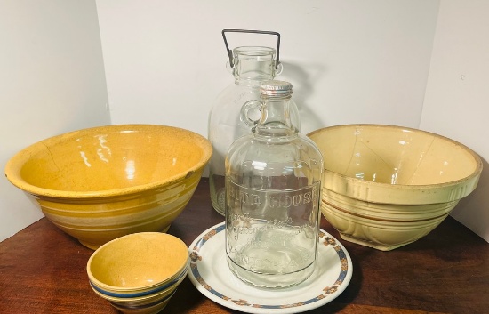 Lot of Yellow Ware and Bottles