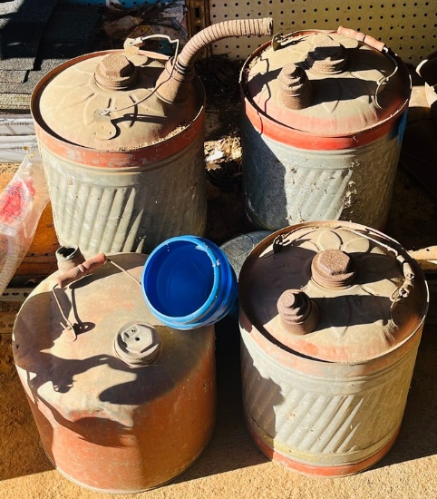 Lot of 4 Vintage Galvanized Five-Gallon Gas Cans and Funnel