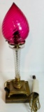 Brass, Crystal Piano Lamp with Cranberry Shade