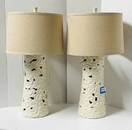 Pair of White Ceramic Designer Lamps with Shades