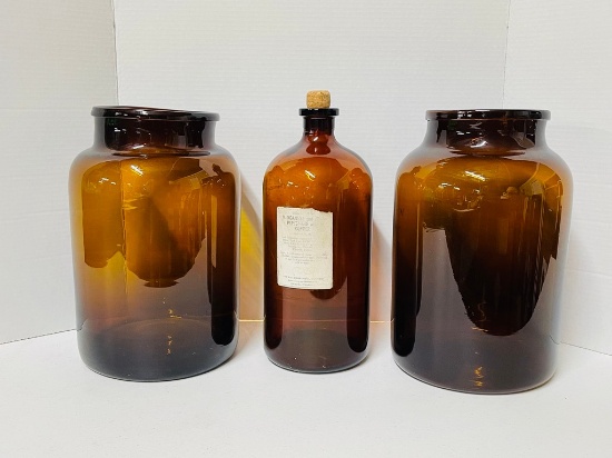 (2) Handblown Brown  Glass Jars with a Manganese Bottle