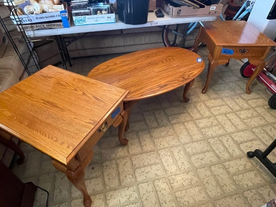 Broyhill Oak Coffee Table and Pair of End Tables