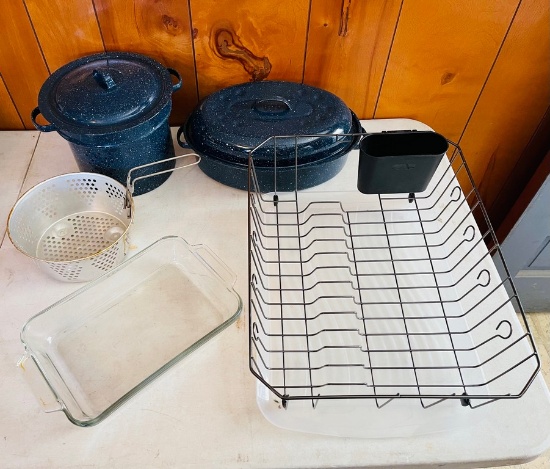 Enamel Roasting Pan and Metal Dish Drainer Lot