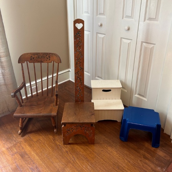 Nikols and Stone Co. Vintage Child's Rocking Chair, Wooden Time Out Chair and 2 Childrens Step Stool