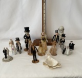 Lot of Wooden Head and Paper Folk Art Bride and Groom Figures