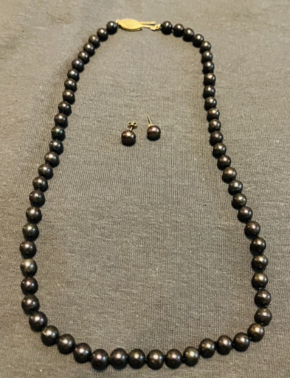 14Kt. Gold  Black Pearl Necklace and Earrings