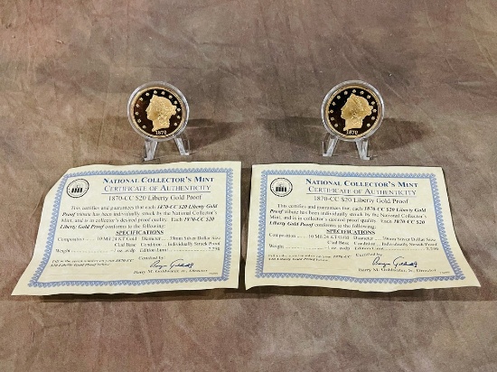 (2) 1870 CC $20 Liberty Gold Proof Replica Coins
