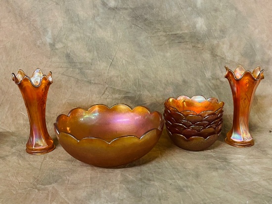 7 Piece Marigold Carnival Glass Salad Set & 2 Marigold Vases
