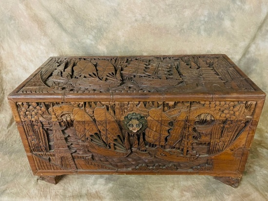 Vintage Heavy Relief Carved Oriental Camphor Wood Chest